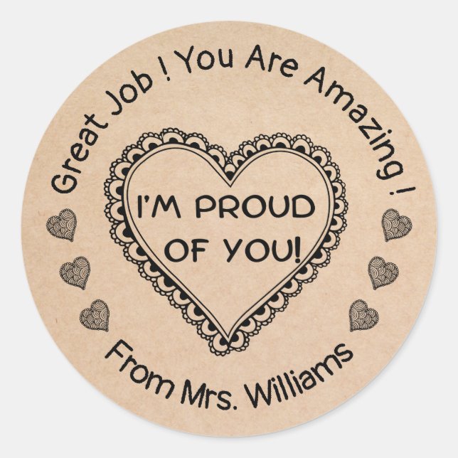 Encouragement, decorative hearts teacher kraft classic round sticker (Front)