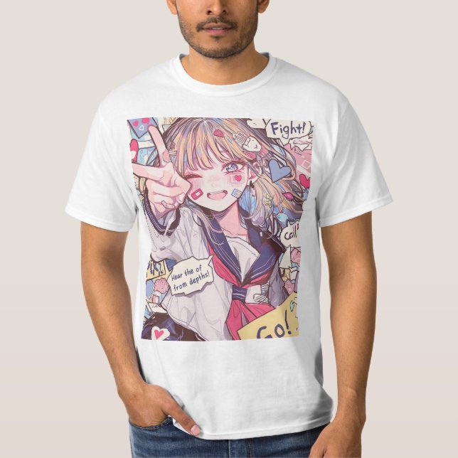 Encouraging Anime Schoolgirl Art Print T-Shirt (Front)