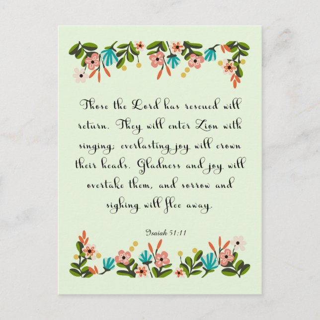 Encouraging Bible Verses Art - Isaiah 51:11 Postcard (Front)