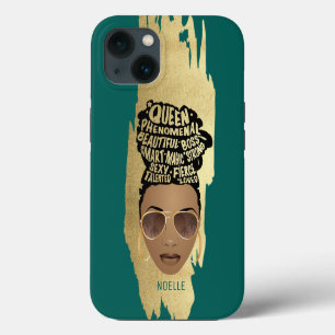 Encouraging Black Women, Natural Hair, Teal & Gold iPhone 13 Case