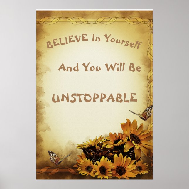 Encouraging Saying Gold Sunflowers Butterflies Poster (Front)