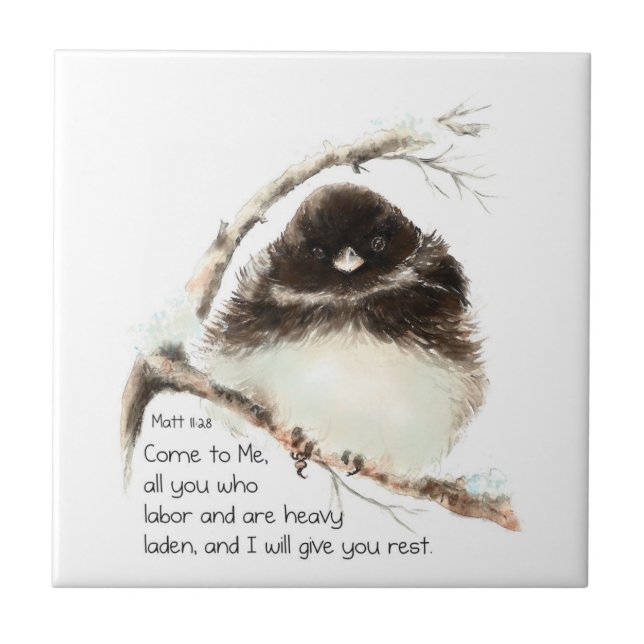 Encouraging, Scripture Matthew 8:28 Cute  Birds Ceramic Tile (Front)