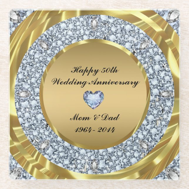 Encrusted Diamonds And Metallic Gold Glass Coaster (Front)