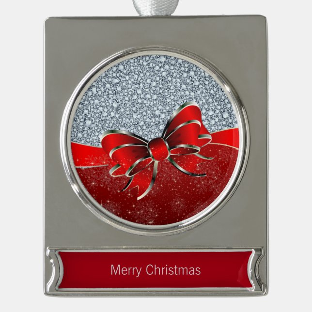 Encrusted Diamonds Look Red Christmas Sparkles Bow Silver Plated Banner Ornament (Front)