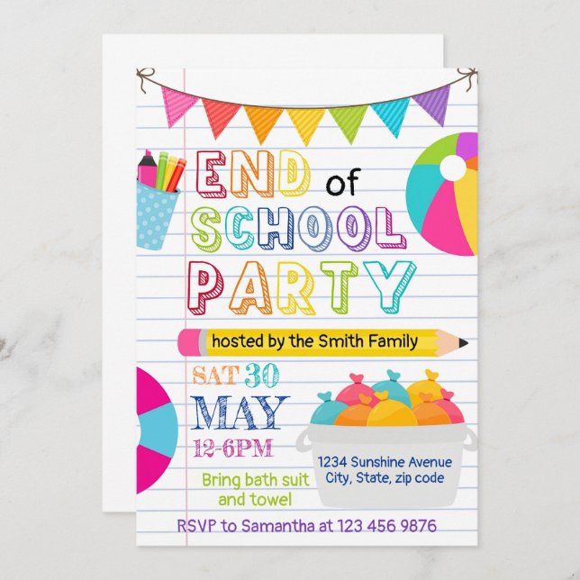 End of School Party Editable Invitation, Schools Invitation (Front/Back)