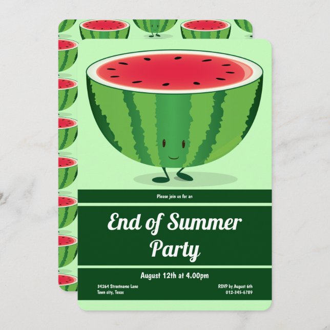 End of Summer Party Green Red Watermelon Cartoon Invitation (Front/Back)