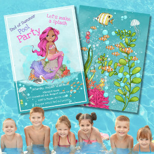 End of Summer Pink Hair Mermaid Girl Pool Party Invitation