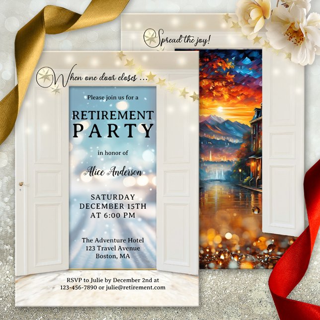 End of the Year Holidays Retirement Party Invitation (Christmas retirement invitation featuring opening doors showing a road with sparkling snow)
