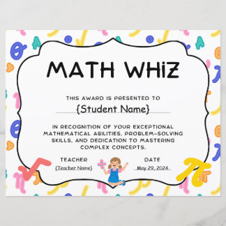 End Of Year Math Whiz Student Recognition Award