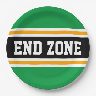 END ZONE Bright Green Black Football Stripes Paper Plate