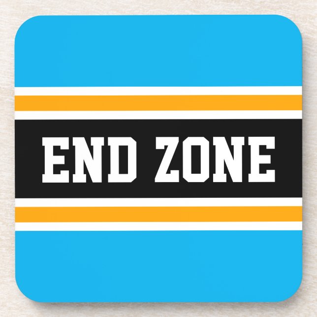 END ZONE Fun Bright Sky Blue Yellow Black Stripes Coaster (Front)