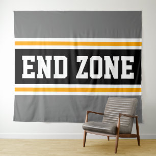 END ZONE Sporty Bold Black Grey Yellow Stripes Tapestry