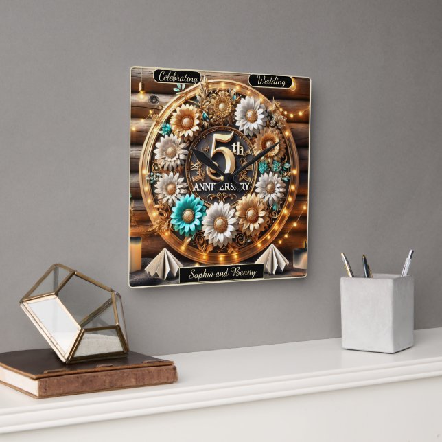 Endless Blooms: Fifth Anniversary Tribute Square Wall Clock (Office)