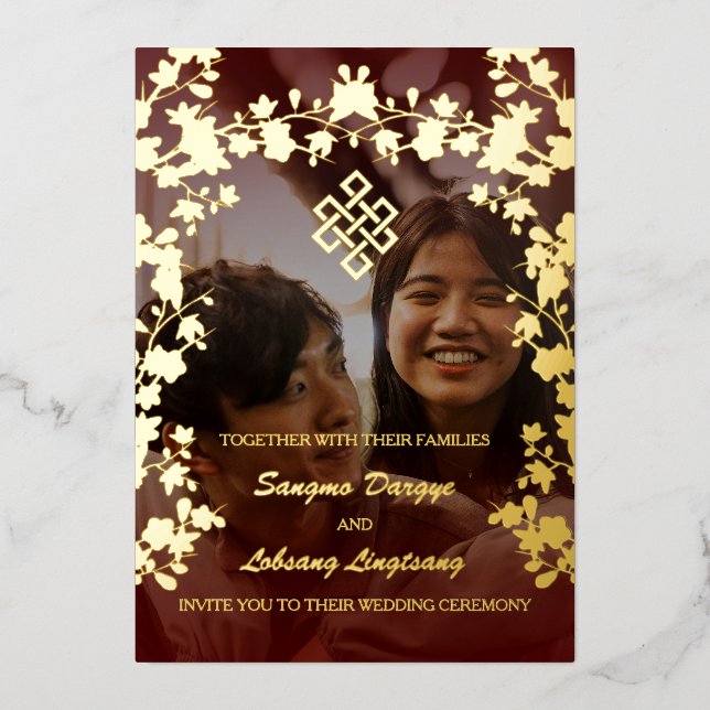 Endless Knot Wedding Photo Gold Foil Invitation (Front)