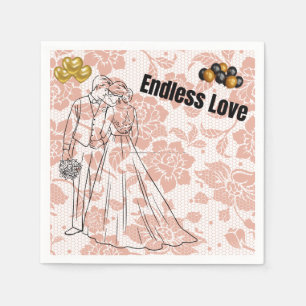 Endless Love Bride and Groom Peach Floral Wedding Napkin