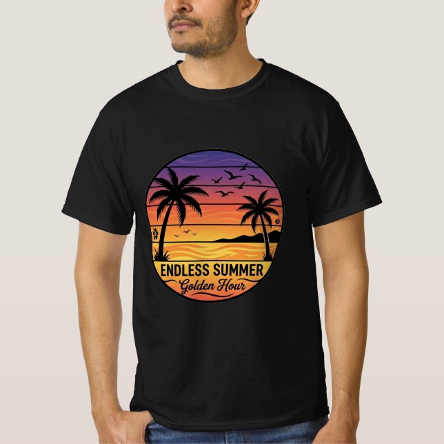 Endless Summer Retro Sunset Beach Palm T-Shirt (Front)