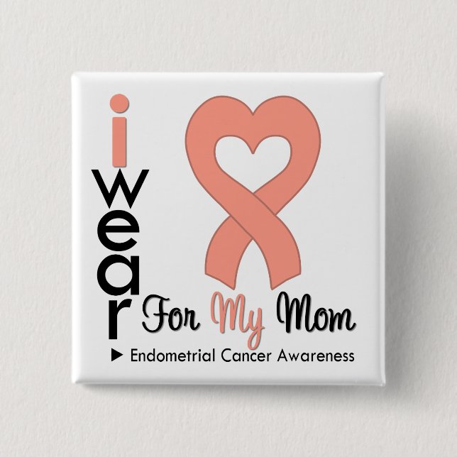 Endometrial Cancer Peach Heart Ribbon MOM 15 Cm Square Badge (Front)