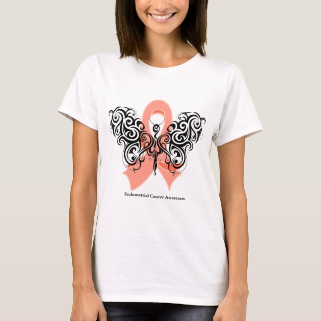 Endometrial Cancer Tribal Butterfly Ribbon T-Shirt (Front)