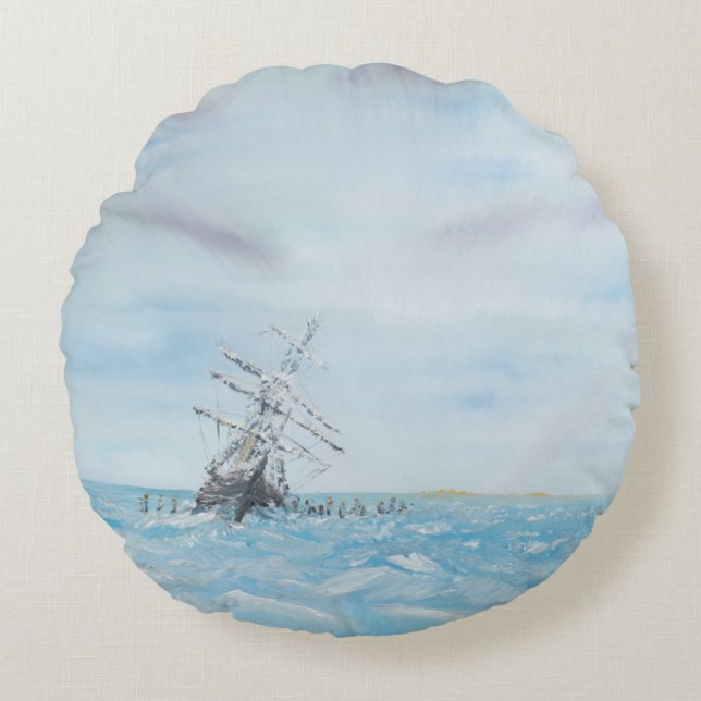Endurance trapped by the Antarctic Ice. Painted Round Cushion (Front)