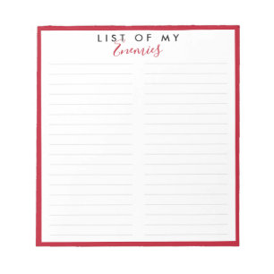 Enemies List Elegant Red Border Funny Joke Notepad