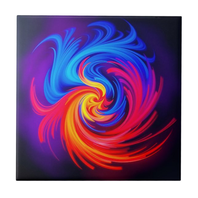 Energetic Abstract Swirl in Blue Red and Yellow Ceramic Tile (Front)