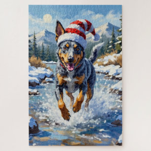 Energetic Blue Heeler Dog Winter Creek Christmas Jigsaw Puzzle
