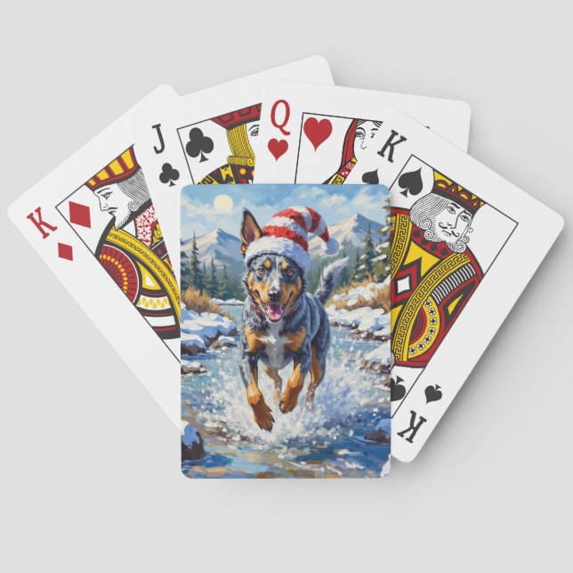 Energetic Blue Heeler Dog Winter Creek Christmas Playing Cards (Back)