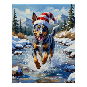Energetic Blue Heeler Dog Winter Creek Christmas Poster
