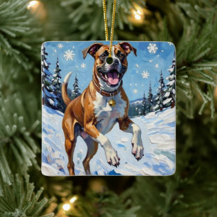Energetic Boxer Dog Leaping in Winter Snow Fun Ceramic Ornament