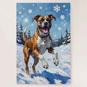 Energetic Boxer Dog Leaping in Winter Snow Fun Jigsaw Puzzle