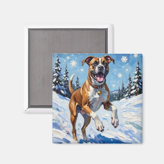 Energetic Boxer Dog Leaping in Winter Snow Fun Magnet (Front/Back)
