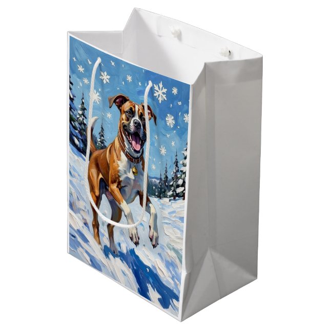 Energetic Boxer Dog Leaping in Winter Snow Fun Medium Gift Bag (Front Angled)