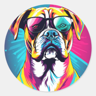 Energetic Boxer Dog With Sunglasses Pop Art Classic Round Sticker