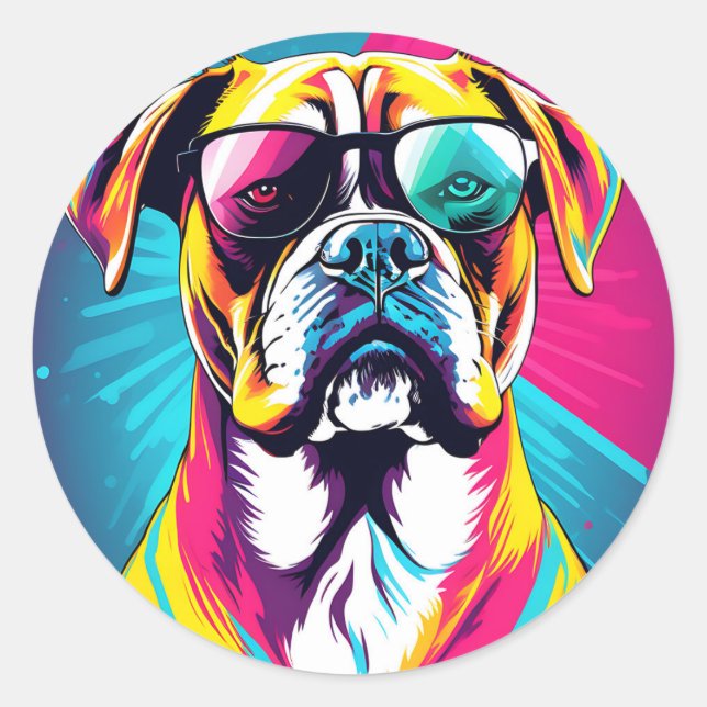Energetic Boxer Dog With Sunglasses Pop Art Classic Round Sticker (Front)