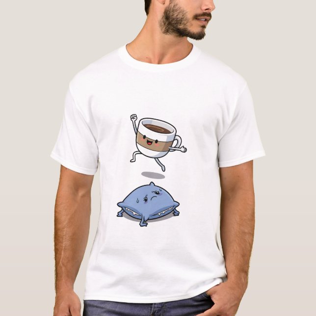 Energetic Cartoon Coffee Cup Jumping Over  T-Shirt (Front)