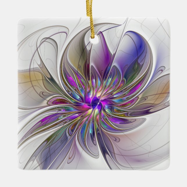Energetic, Colorful Abstract Fractal Art Flower Ceramic Ornament (Front)