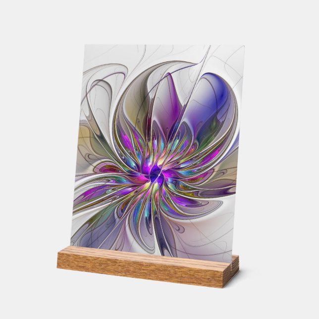 Energetic, Colourful Abstract Fractal Art Flower Acrylic Sign (Angle)
