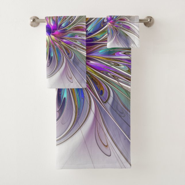 Energetic, Colourful Abstract Fractal Art Flower Bath Towel Set (Insitu)