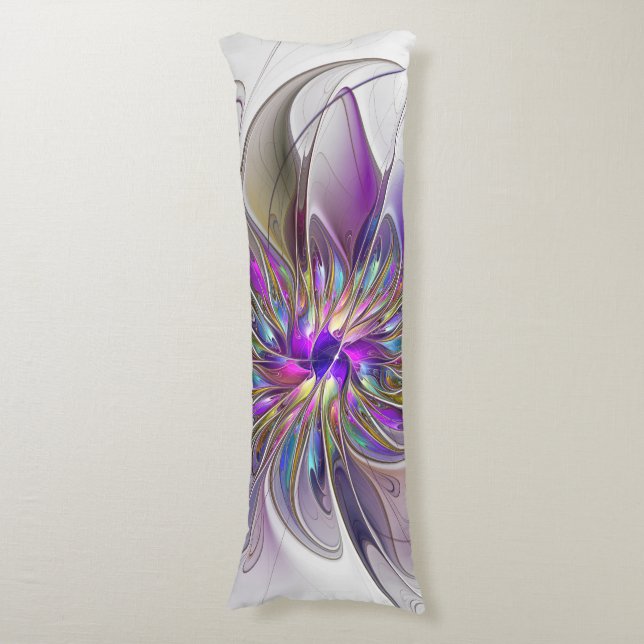 Energetic, Colourful Abstract Fractal Art Flower Body Cushion (Front Vertical)