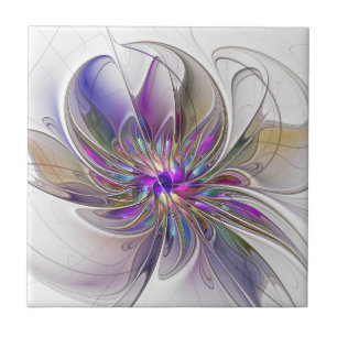 Energetic, Colourful Abstract Fractal Art Flower Ceramic Tile