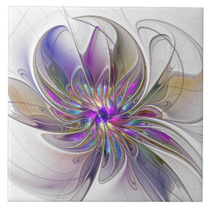 Energetic, Colourful Abstract Fractal Art Flower Ceramic Tile