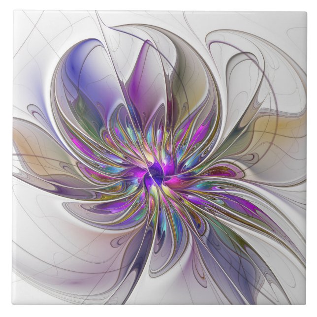 Energetic, Colourful Abstract Fractal Art Flower Ceramic Tile (Front)