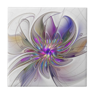 Energetic, Colourful Abstract Fractal Art Flower Ceramic Tile