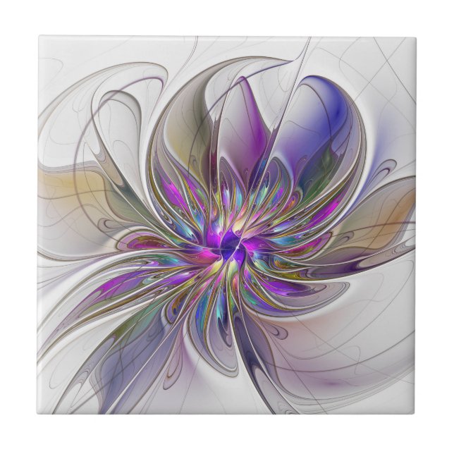 Energetic, Colourful Abstract Fractal Art Flower Ceramic Tile (Front)