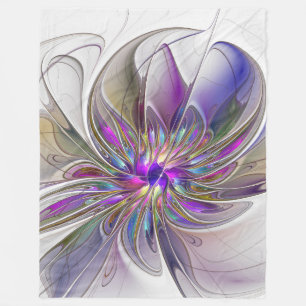 Energetic, Colourful Abstract Fractal Art Flower Fleece Blanket
