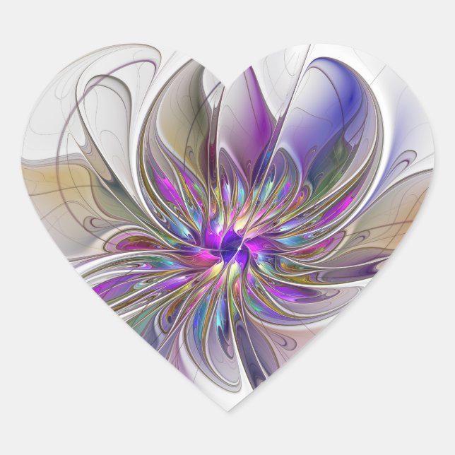 Energetic, Colourful Abstract Fractal Art Flower Heart Sticker (Front)