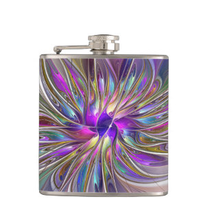 Energetic, Colourful Abstract Fractal Art Flower Hip Flask