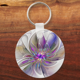 Energetic, Colourful Abstract Fractal Art Flower Key Ring