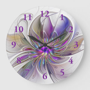 Energetic, Colourful Abstract Fractal Art Flower Large Clock