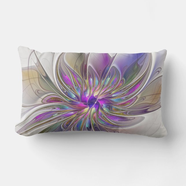Energetic, Colourful Abstract Fractal Art Flower Lumbar Cushion (Front)